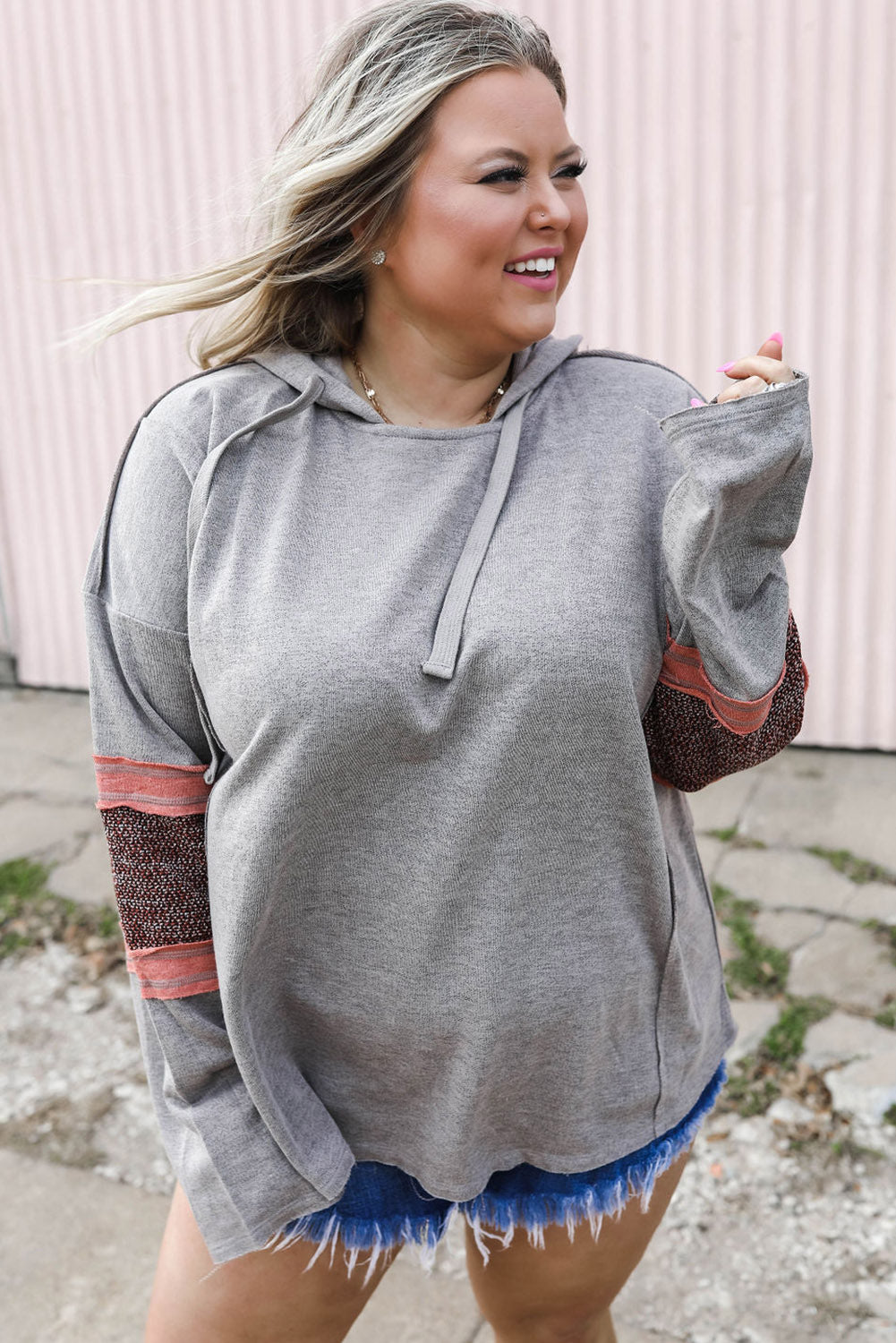 Contrast Patched Sleeve Plus Size Hoodie | Gray