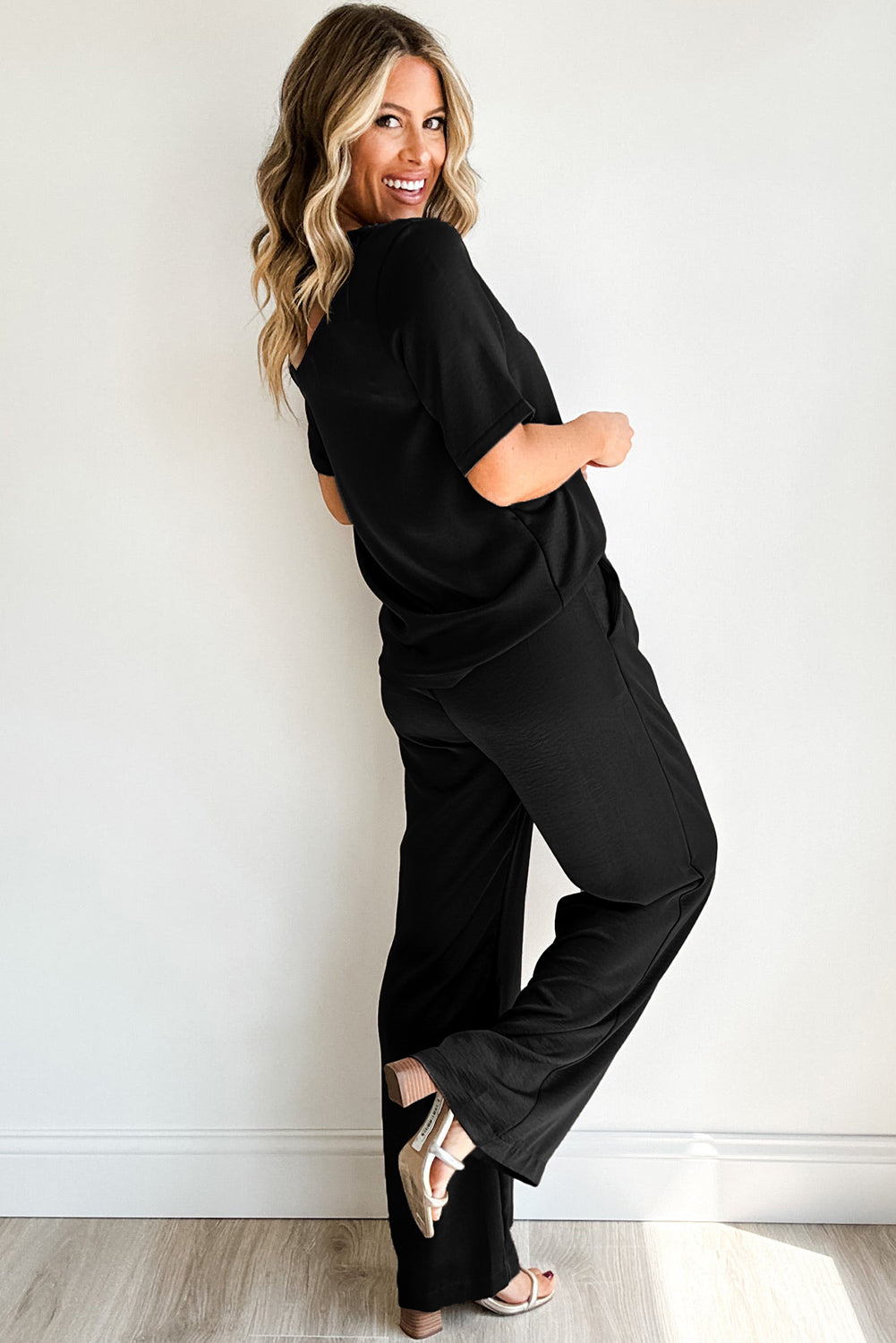 Solid Colour T Shirt 2 Piece Wide Leg Pants Set | Black