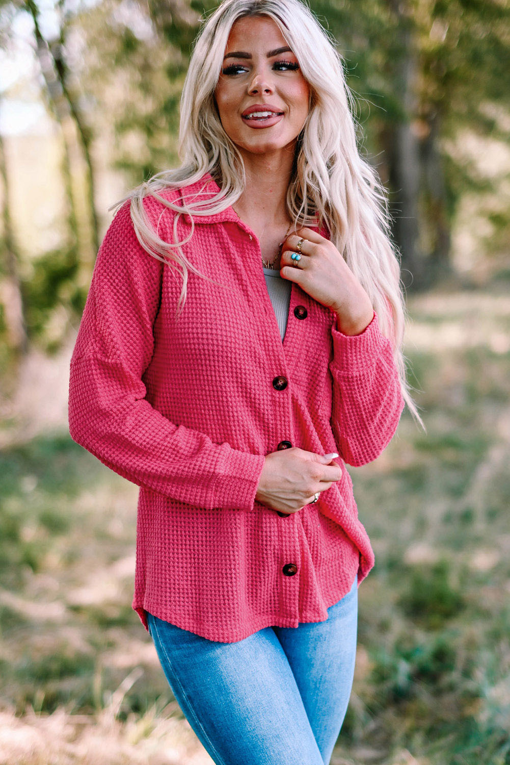 Waffle Knit Button Up Casual Shirt | Pink