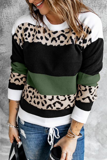 Crewneck Leopard Colour Block Knit Pullover Sweater | Green