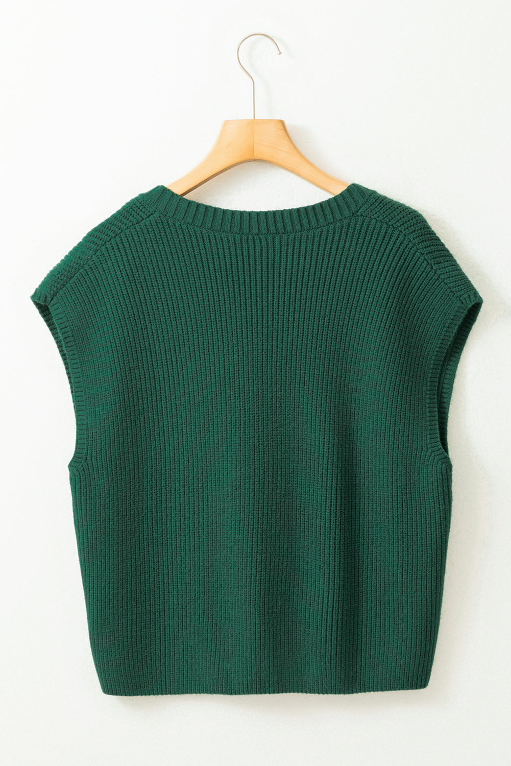 Chest Pocket V Neck Ribbed Cap Sleeve Sweater | Blackish Green