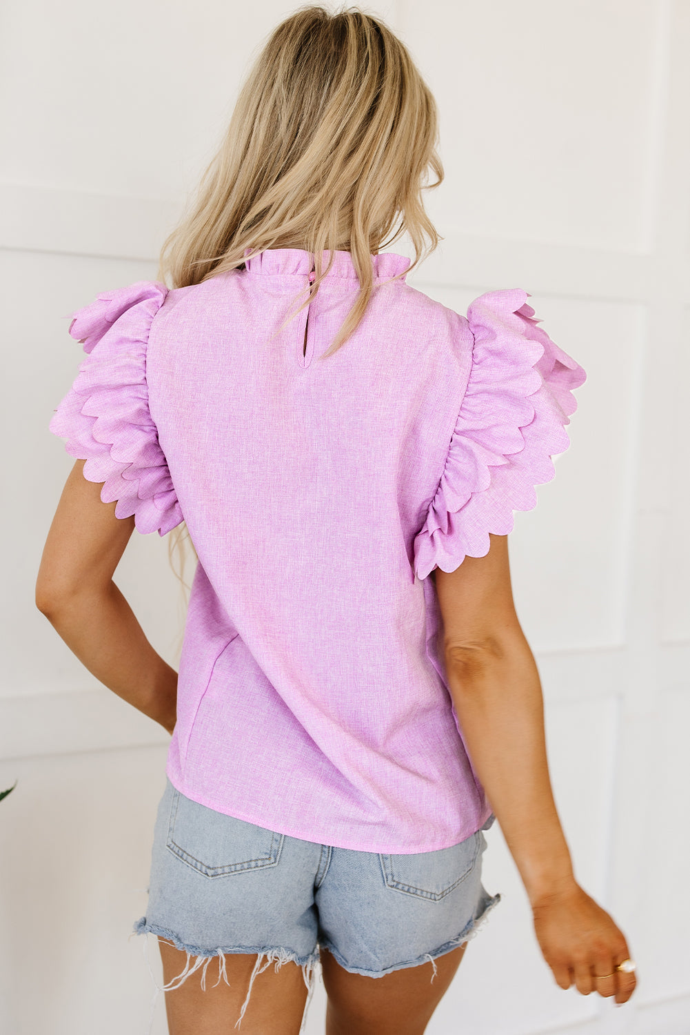 Solid Colour Scalloped Ruffle Sleeve Top | Bright Pink