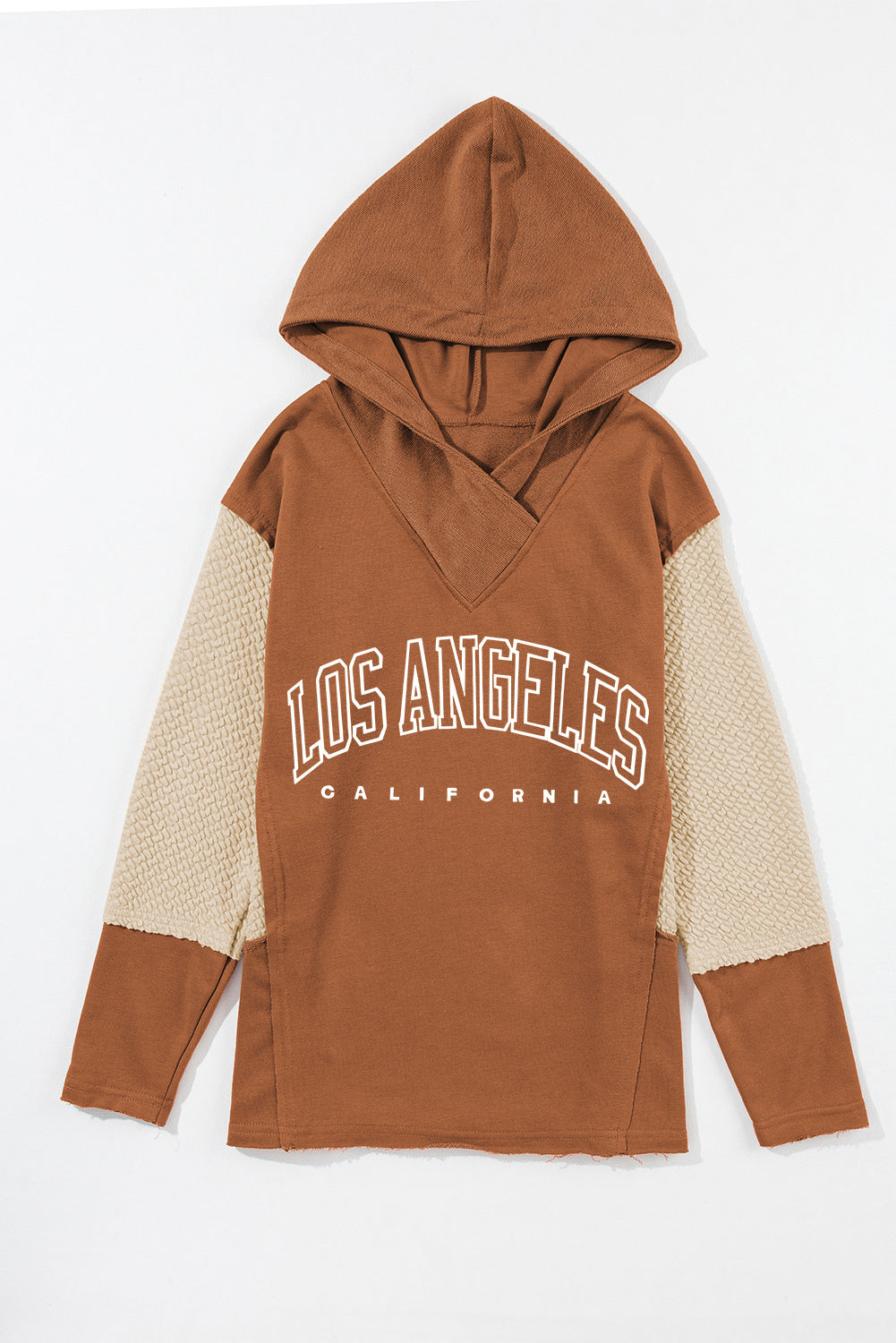 Los Angeles Colourblock Textured Knit Patchwork Hoodie | Chestnut