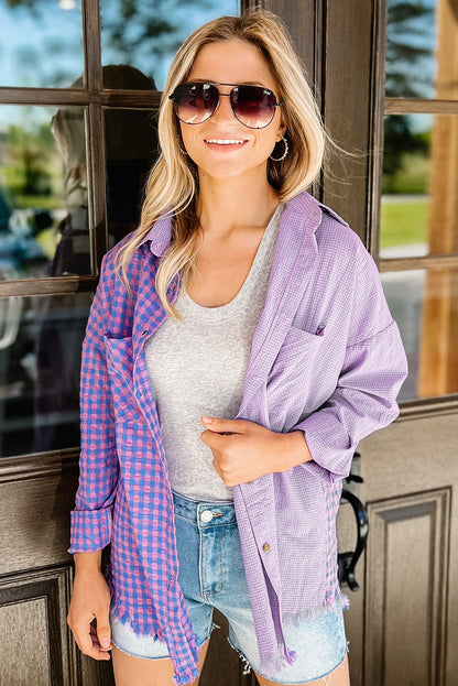 Mixed Plaid Button Down Long Sleeve Chest Pocket Shirt | Purple