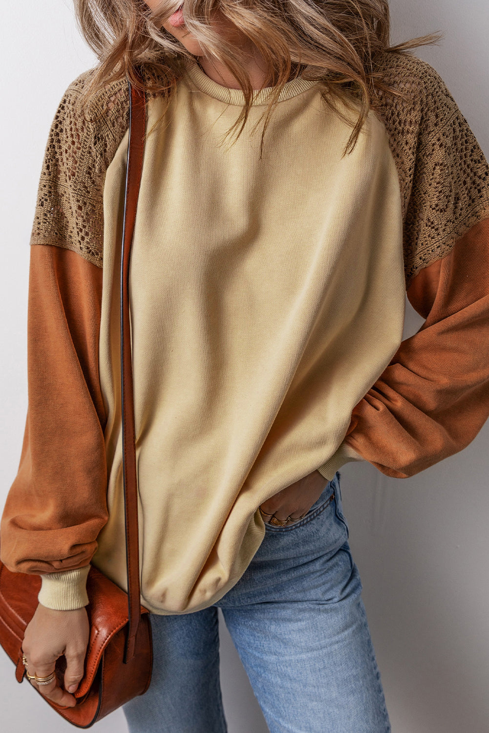 Lace Patchwork Colourblock Drop Shoulder Sweatshirt | Khaki