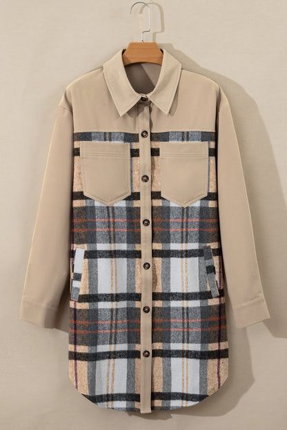 Plaid Patchwork Long Sleeve Shirt Mini Dress | Khaki