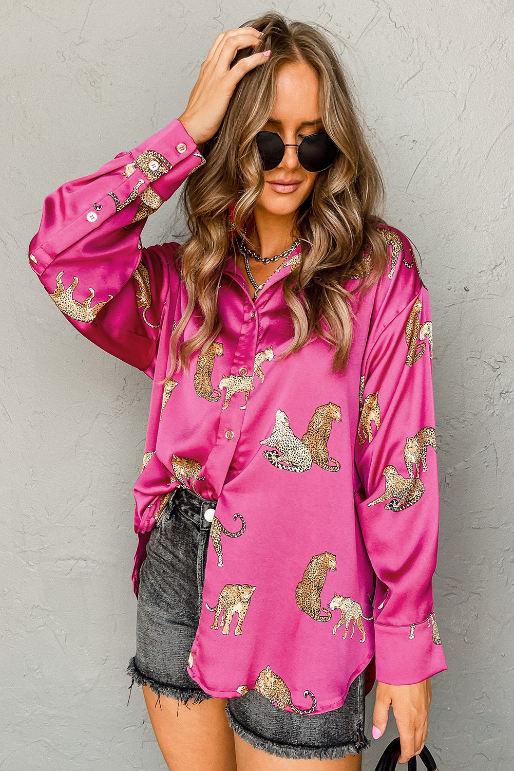 Rose Cheetah Animal Print Button Up Satin Shirt | Rose Red