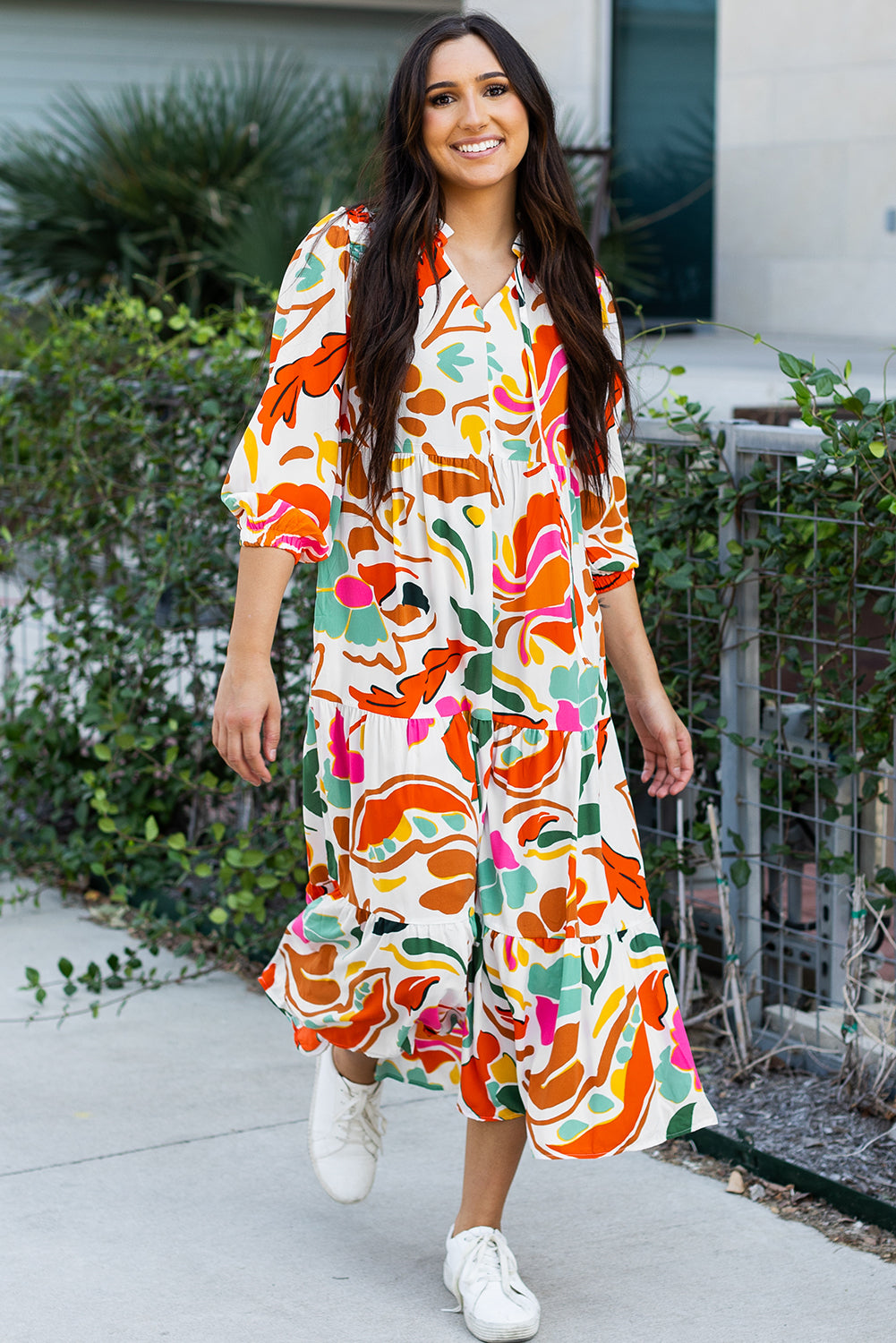 Floral Print Split V Neck Tiered Maxi Dress | Orange