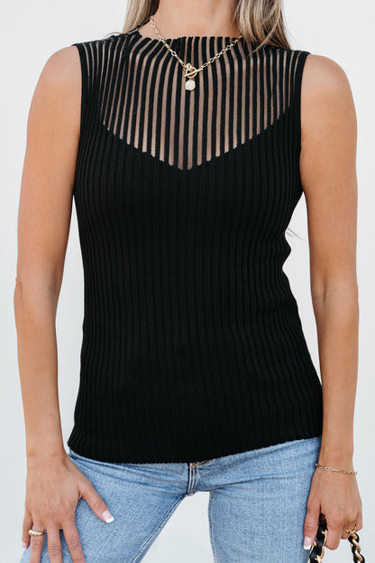 Ribbed Texture Mesh Cutout Knitted Sweater Vest | Black