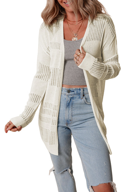 Solid Colour Lightweight Open Knit Tunic Cardigan | White