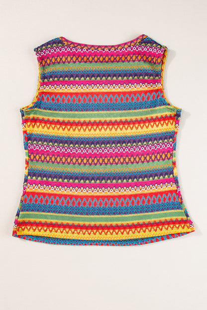 Ethnic Wavy Pattern Round Neck Sleeveless Top | Yellow