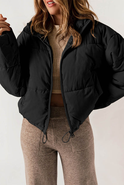 Zip Up Drawstring Hem Puffer Jackets | Black