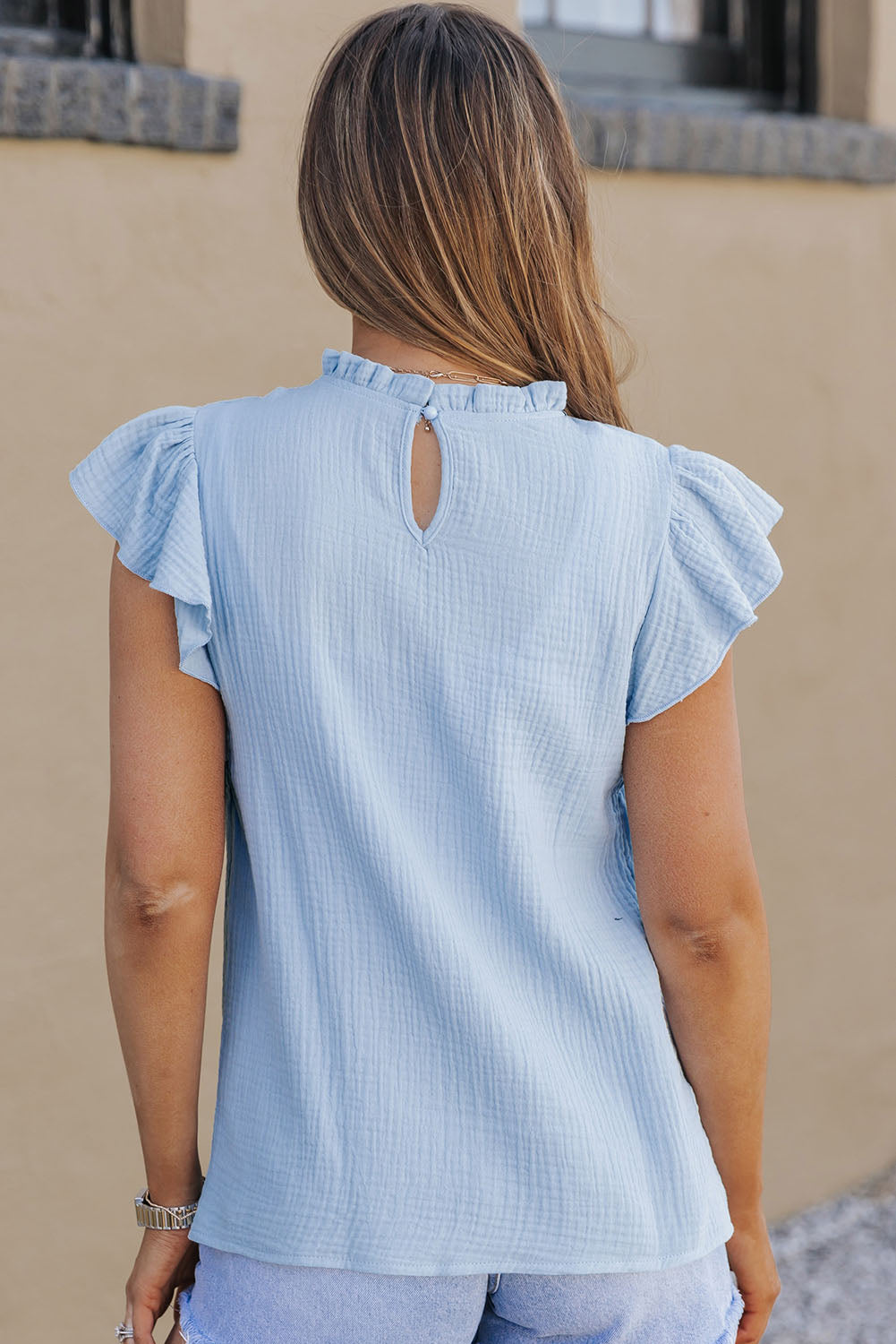 Flutter Sleeve Frilled Neck Textured Blouse | Sky Blue