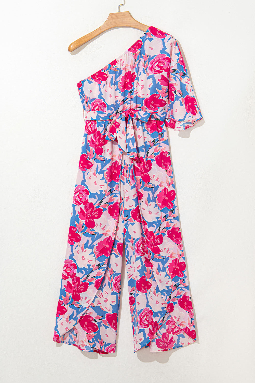 Floral Print Asymmetrical Neckline Single Shoulder Drape Sleeve Belted Jumpsuit | Pink