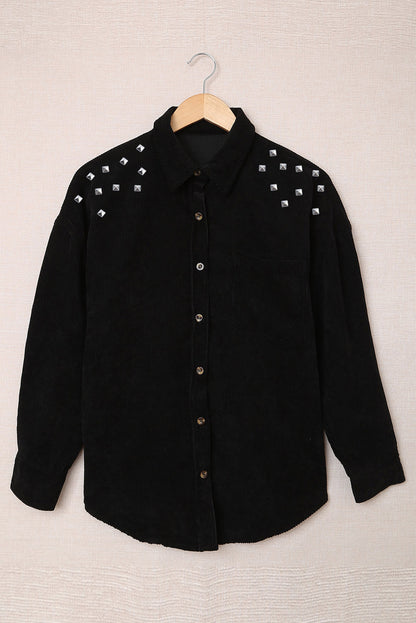 Beads Stud Corduroy Button Up Shacket | Black