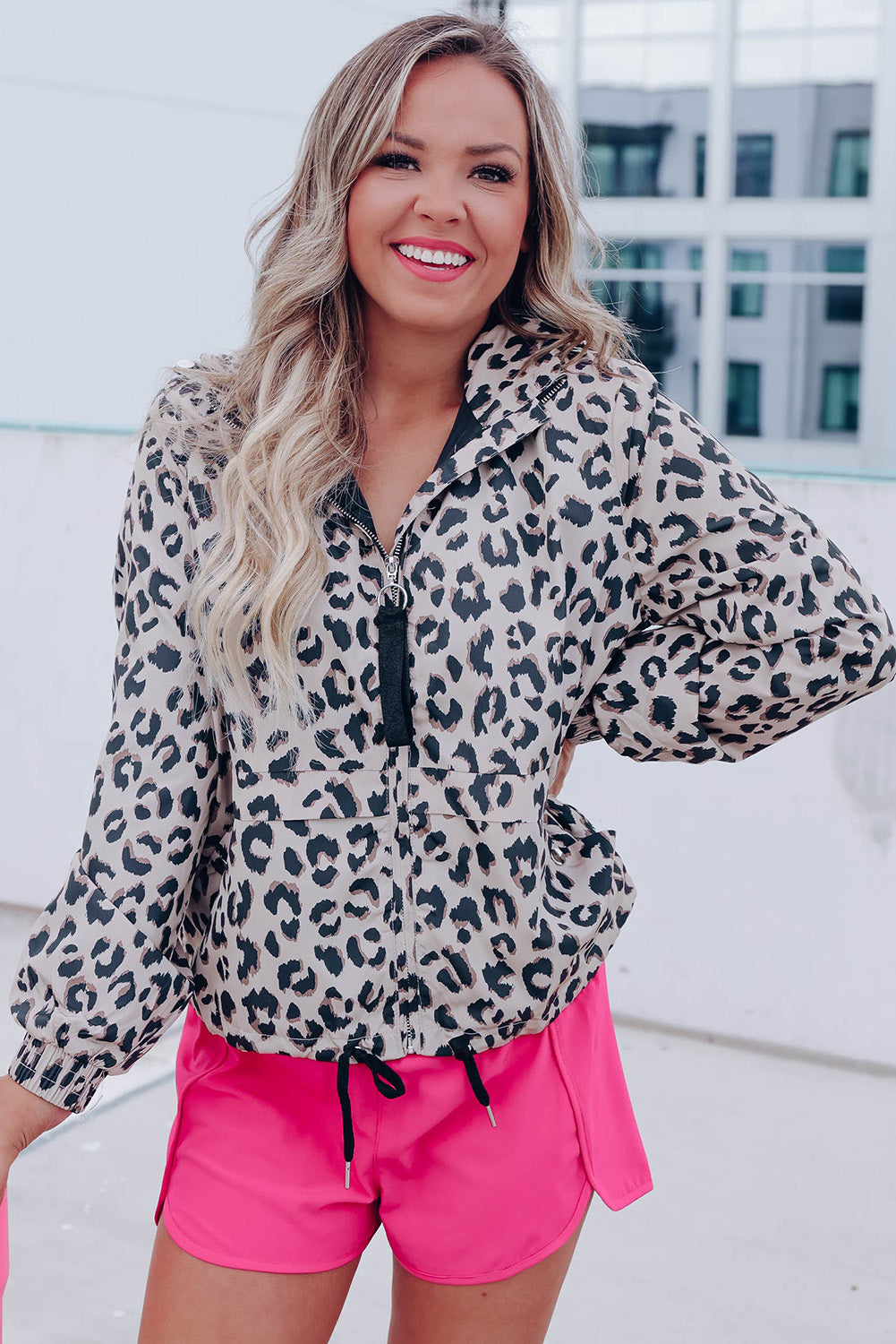 Zip Up Collared Hooded Windbreaker | Leopard