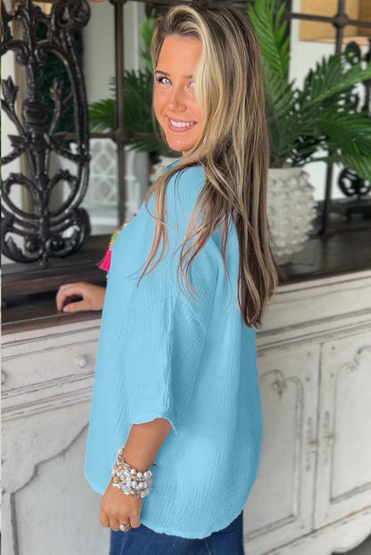 Crinkled Bracelet Sleeve Flowy Blouse | Aruba Blue