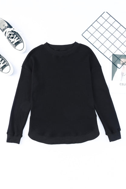 Crew Neck Ribbed Trim Waffle Knit Top | Black