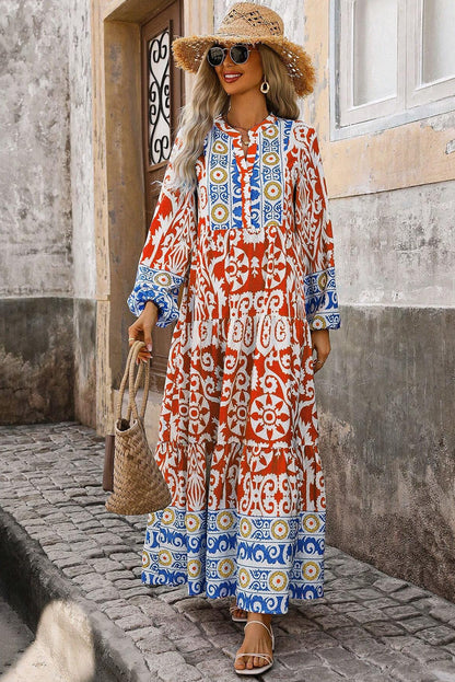 Boho Geometric Printed Long Sleeve Maxi Dress | Orange