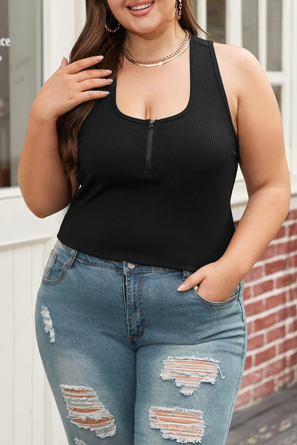 Plus Size Zipper Front Racerback Ribbed Tank Top | Black