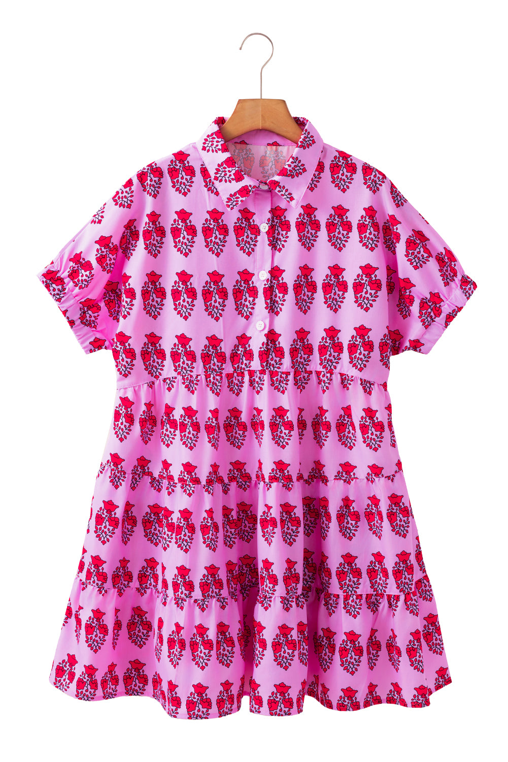 Floral Print Multi Buttons Collared Short Sleeve Flowy Dress | Sachet Pink