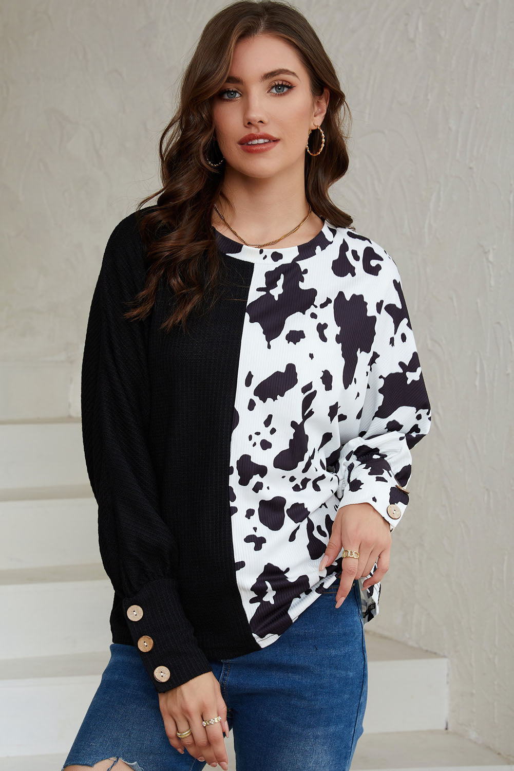 Cow Patchwork Waffle Knit Long Sleeve Top | Black