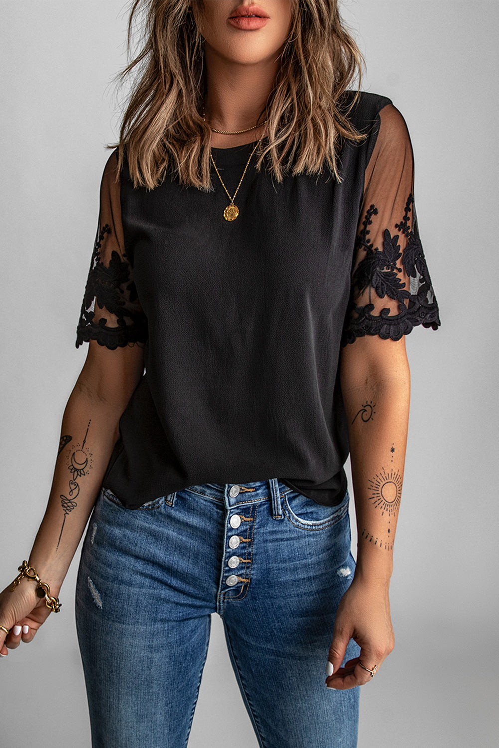 Floral Lace Sleeve Patchwork Top | Black