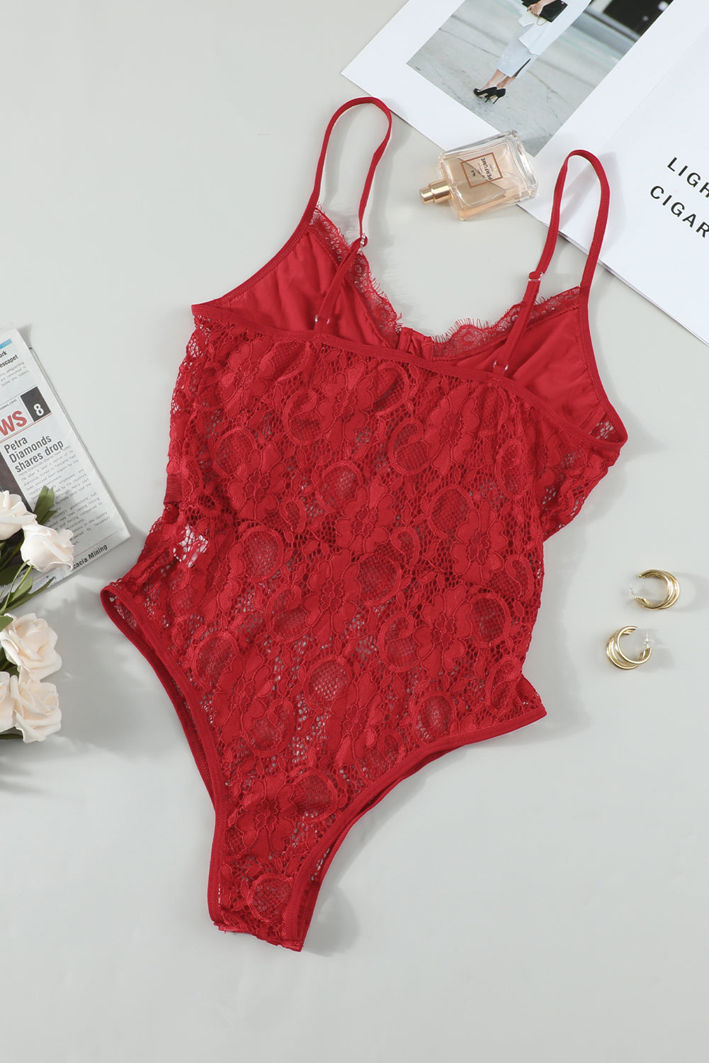 Fiery  Lace Panelled Teddy Lingerie | Red