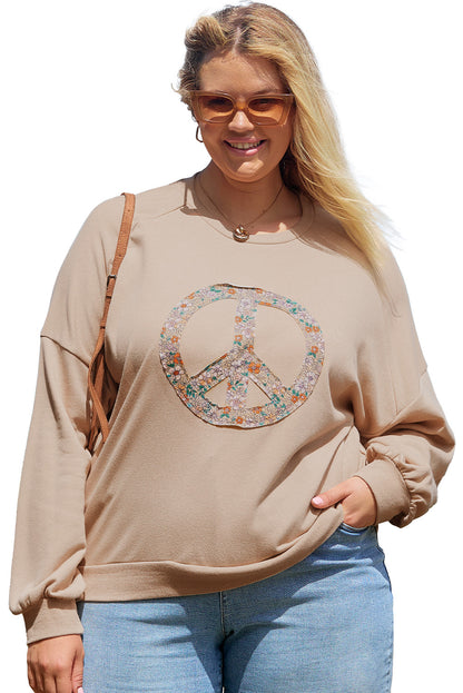 Floral Peace Sign Graphic Washed Terry Plus Size Sweatshirt | Pale Khaki