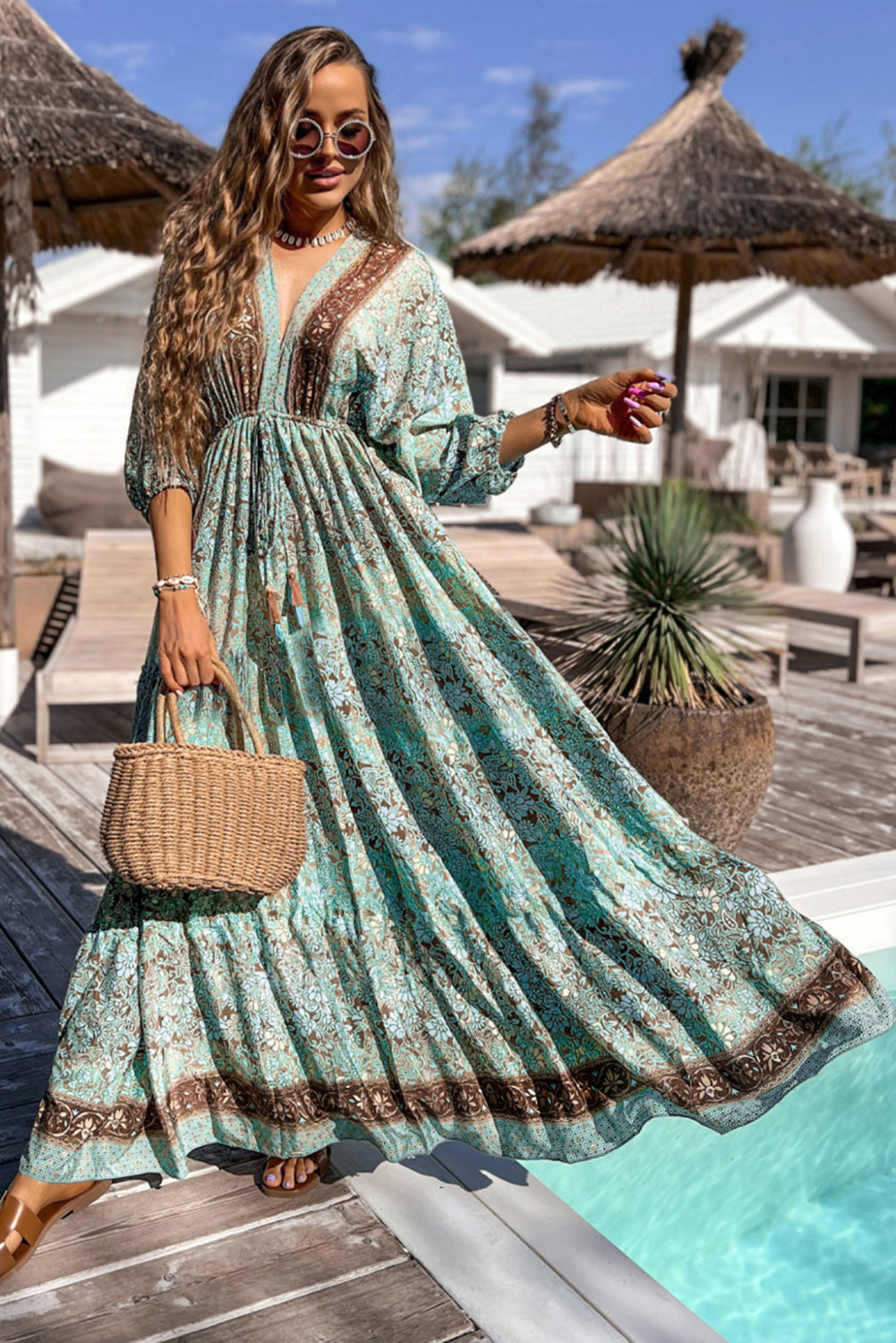 Boho Floral Print Lace-Up Open Back High Waist Maxi Dress | Green