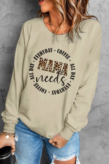 Mama Needs All Day Everyday Letters Graphic Sweatshirt | Khaki