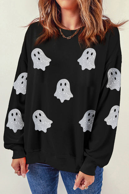 Glitter Ghost Pattern Crew Neck Halloween Sweatshirt | Black