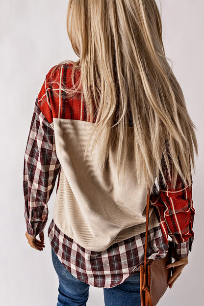 Plaid Corduroy Patchwork Shacket | Red