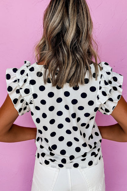 Polka Dot Print Ruffled Sleeve V Neck Blouse | White