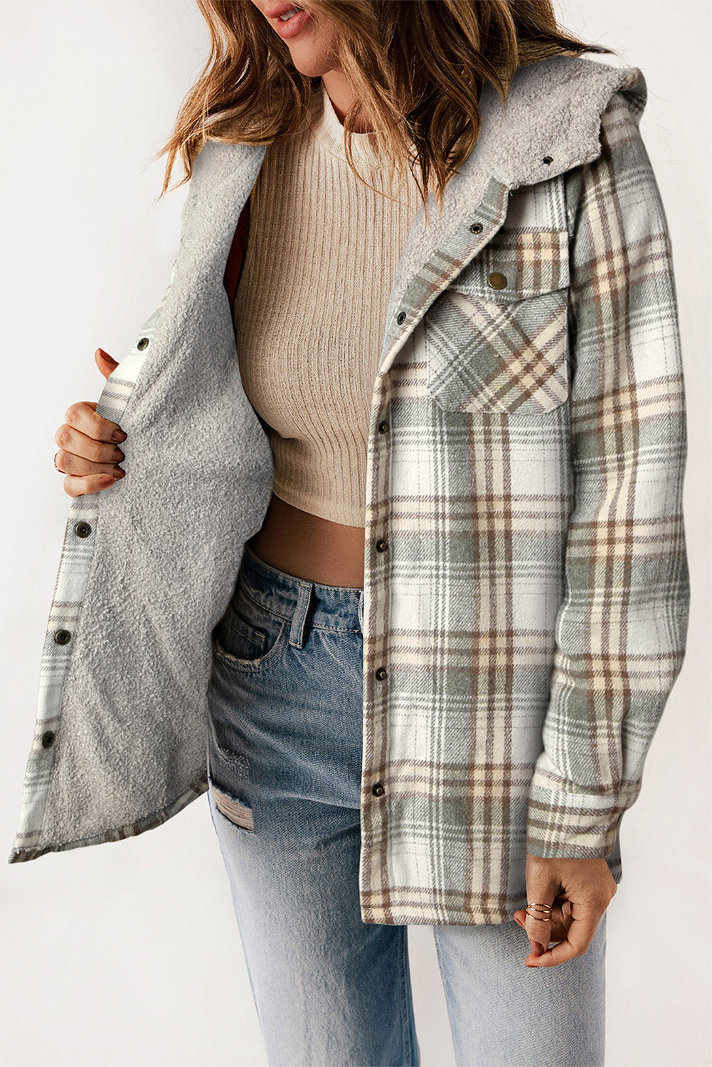 Plaid Pattern Sherpa Lined Hooded Shacket | Gray