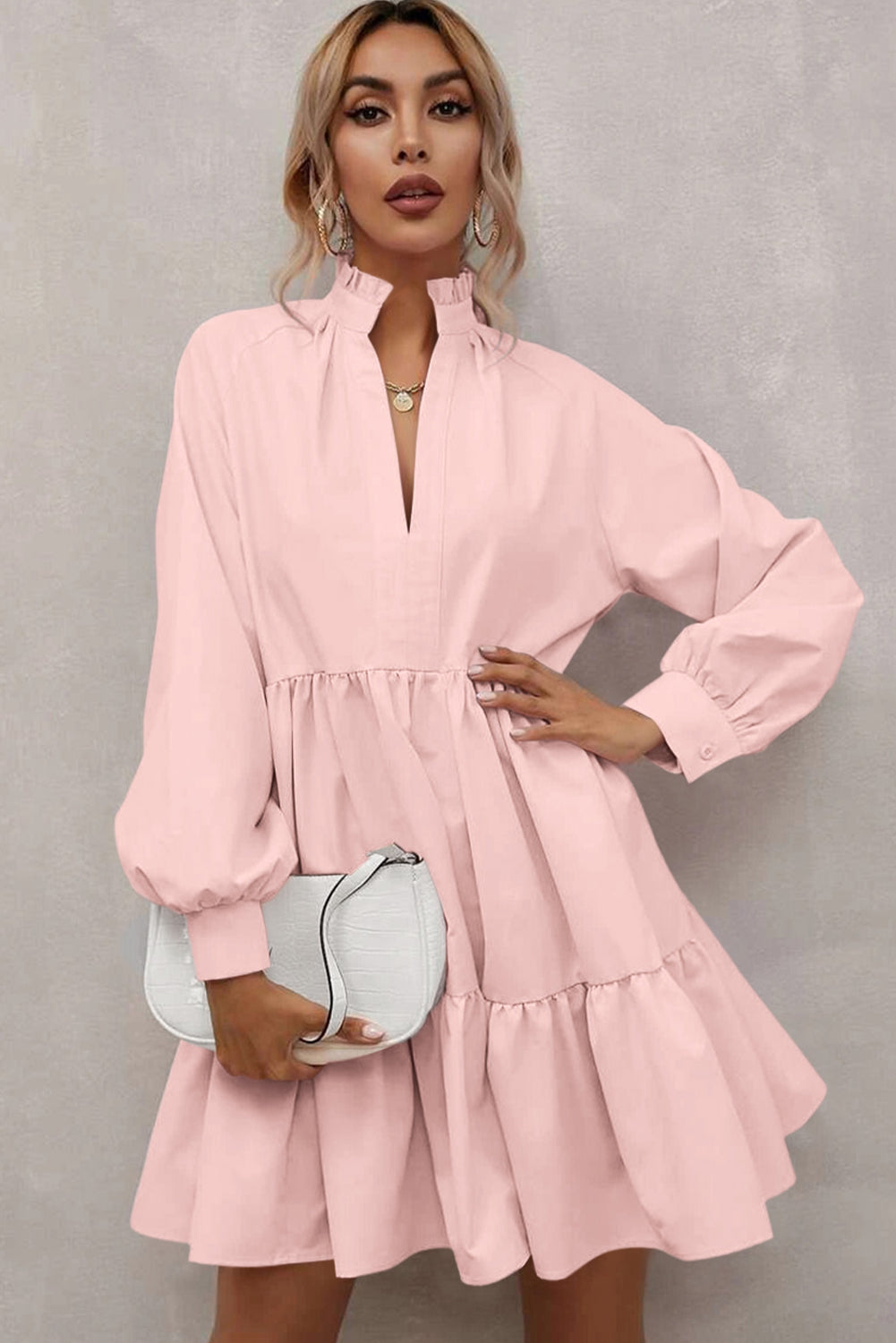 Frilled Stand Collar Long Sleeve Ruffle Dress | Pink