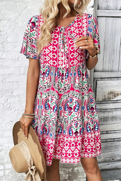 Bohemian Print Tie Neck Ruffle Hem Short Dress | Pink