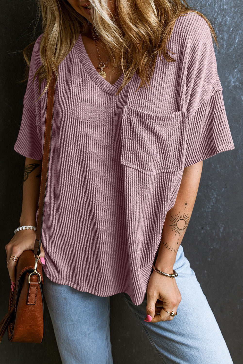 Corded V Neck Chest Pocket Loose T-Shirt | Valerian