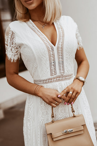 V Neck High Waist Lace Maxi Dress | White