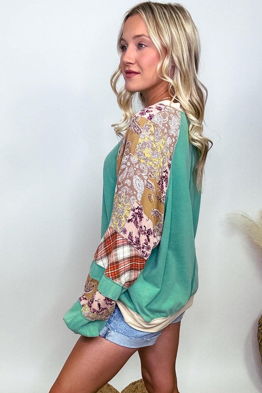 Plus Size Plaid Floral Patchwork Raglan Sleeve Sweatshirt | Sky Blue