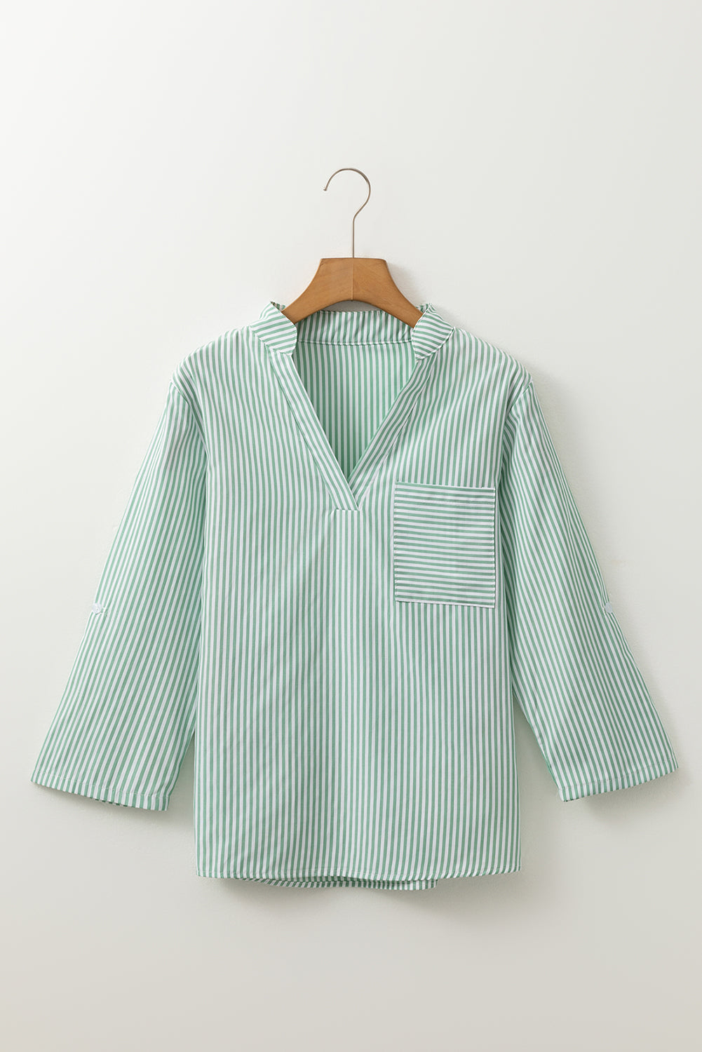 V Neck Roll Up Sleeve Pocket Patched Classic Shirt | Green Stripe