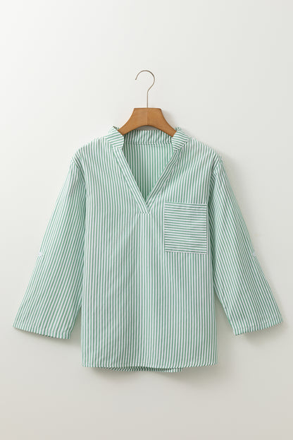 V Neck Roll Up Sleeve Pocket Patched Classic Shirt | Green Stripe