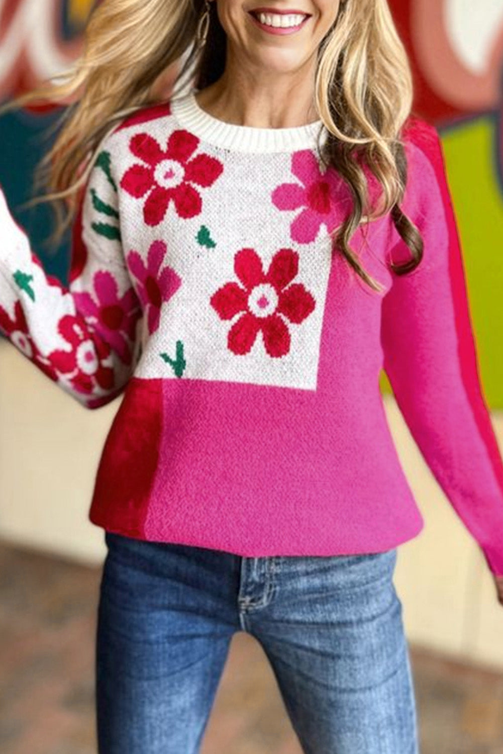 Rose Red Floral Mixed Color Block Sweater