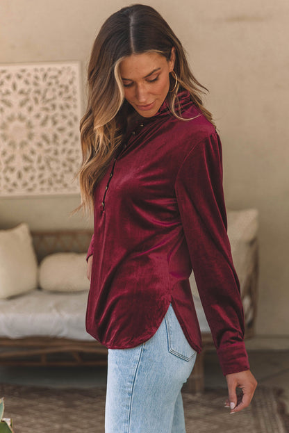 Burgundy Frilled Neck Buttoned Front Velvet Top | Biking Red