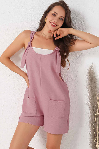 Adjustable Straps Pocketed Textured Romper | Pink