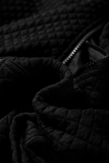 Quilted Side Pockets Zipper Hooded Jacket | Black