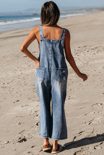 Distressed Bib Pocket Wide Leg Denim Overall | Stone Blue