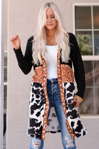 Western Pattern Cow Patchwork Open Front Cardigan | Black