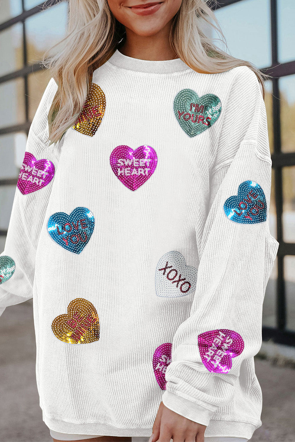 Valentines Slogan Heart Sequin Corded Baggy Sweatshirt | White