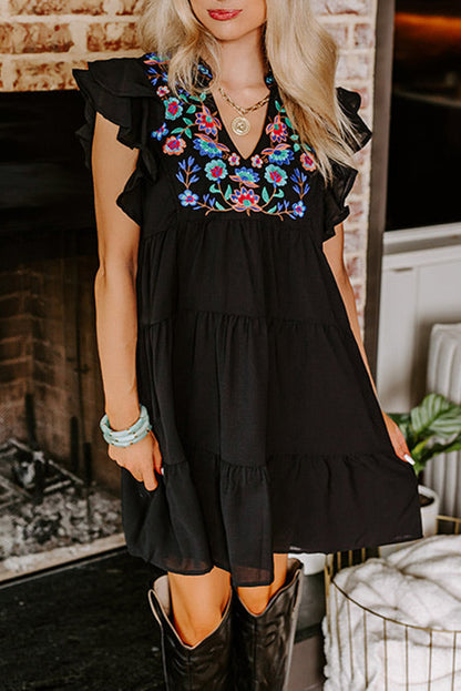 Floral Embroidered Tiered Ruffled Mini Dress | Black